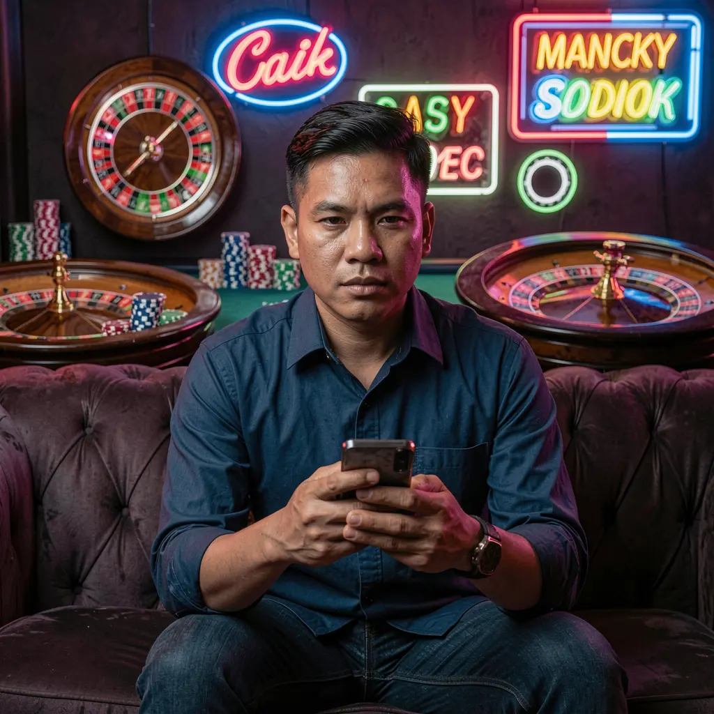 K58888 App – Enjoy fast and smooth mobile casino play anytime in the Philippines Focused Filipino player checking the K58888 casino app on his phone while vibrant roulette wheels and neon casino signs glow behind him