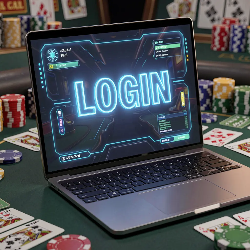 K58888 Login – Secure and smooth account access for online gaming in the Philippines Modern laptop with a glowing login interface surrounded by blurred casino chips and cards representing secure access to K58888 for players in the Philippines